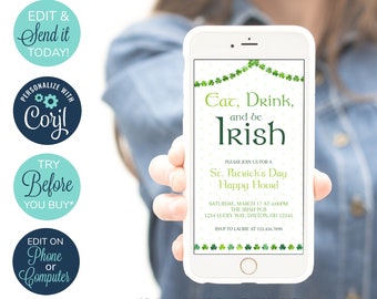 EDITABLE Electronic St Patrick's Party Invitation, Saint Patrick's, Irish Party, St Patricks dinner, Party Invitation, St Patricks Day Party