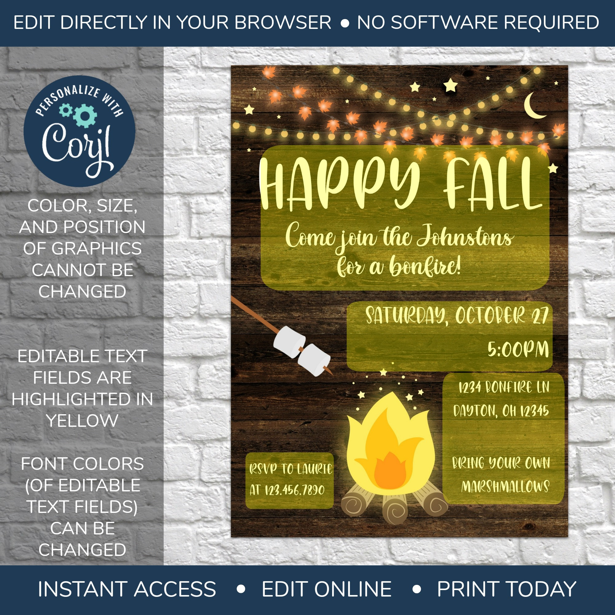 Fall R Invitations Bonfire EDITABLE Fall Party Invitation, Fall Party Invite, Bonfire Invitation ...