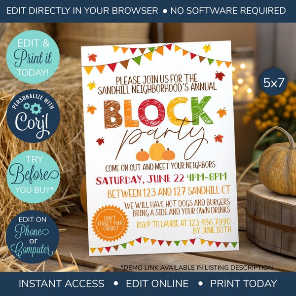 EDITABLE Neighborhood Block Party Invitation, Neighborhood Open House Invitation, Neighborhood Party, Block Party Invitation, Fall Invite