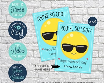 EDITABLE Classroom Valentine's Day Cards, You're So Cool, Emoji Valentine Card, Sunglasses Emoji valentine, Kids Valentine's Day Card