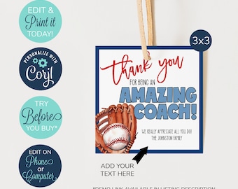 Etichetta regalo modificabile per ringraziare un allenatore di baseball, etichetta regalo per allenatore, ringraziamento per la squadra di baseball, ringraziamento a un allenatore straordinario, fine stagione