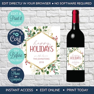 BEWERKBAAR kerstwijnetiket, prettige feestdagen, afdrukbare wijnfleslabels, kerstcadeauwijnetiket, kerstkaartalternatief