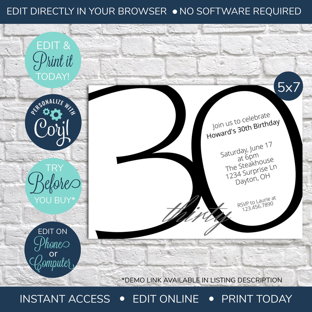 EDITABLE Black and White 30th Birthday Invitation, 30th Invitation