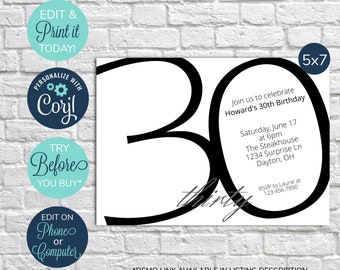 May include: A black and white 30th birthday invitation with the number 30 in a large, bold font. The invitation includes the text "Join us to celebrate Howard's 30th Birthday" and details about the event, including the date, time, location, and RSVP information. The invitation is designed for a 5x7 inch print.