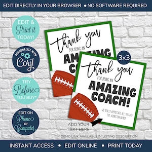Etiqueta de regalo de agradecimiento al entrenador de fútbol editable, etiqueta de regalo para entrenador, agradecimiento al equipo de fútbol, agradecimiento a un entrenador increíble, fin de temporada