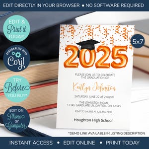 EDITABLE Orange Class of 2025, Graduation Open House Invitation, Graduation Invitation, Graduation Party, High School, College Graduation