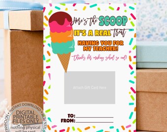 Printable Ice Cream Teacher Gift Card Holder, Here's the Scoop, Thank You Gift Card Holders, Teacher's Gifts, Teacher Appreciation