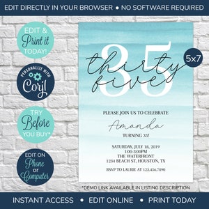EDITABLE 35th Birthday Invitation, Thirty Five Invitation, Surprise Birthday Party, 35th Birthday Invite, Female, Adult Birthday, Teal