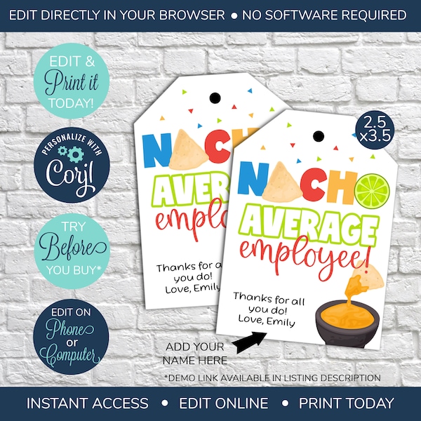 EDITABLE Nacho Average Employee Tags, Printable Thank You Staff Gift Tag, Employee Appreciation Gift Tags, Employee thank you tag