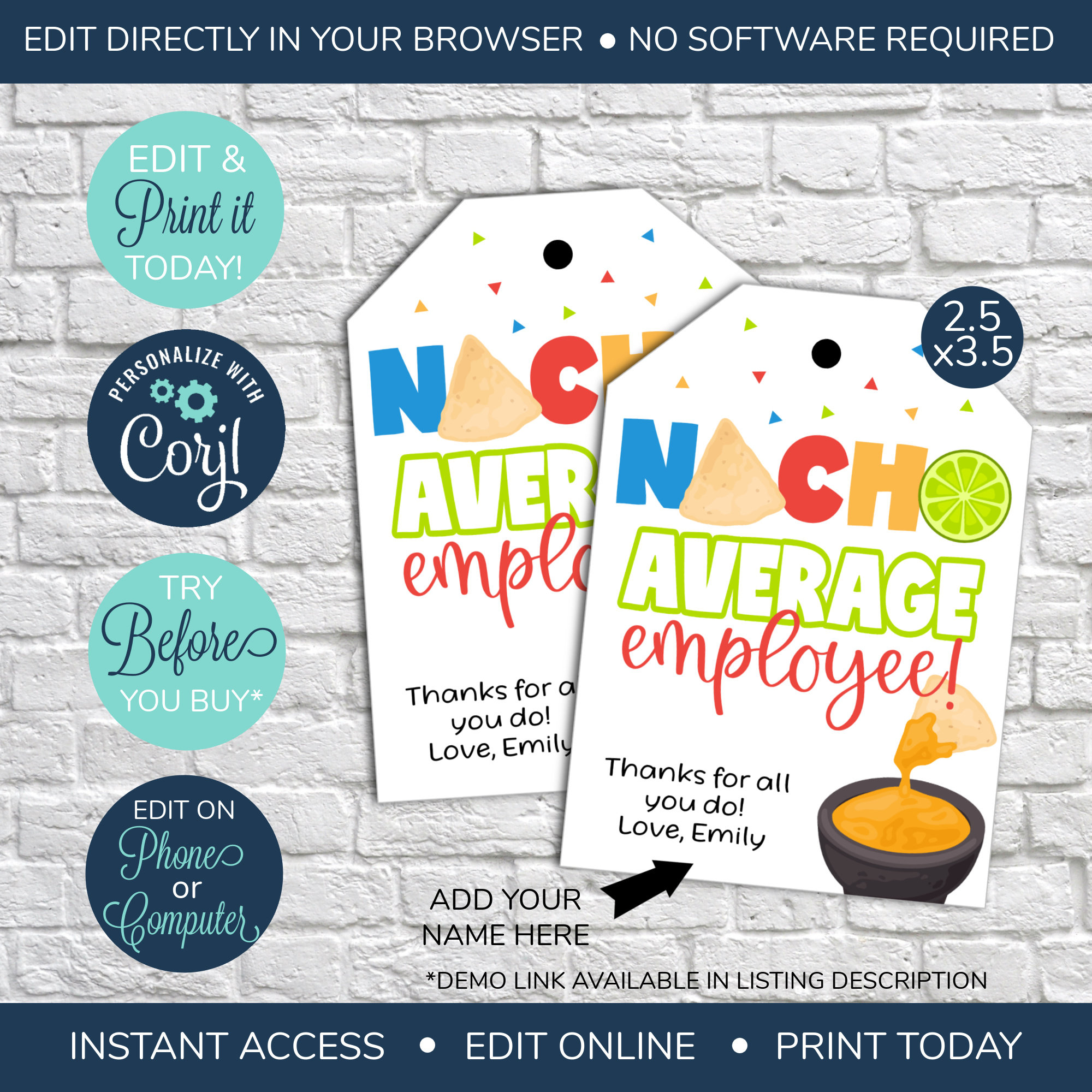 EDITABLE Nacho Average Employee Tags Printable Thank You - Etsy