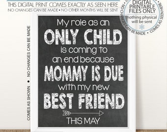May include: A framed chalkboard-style print with white text that reads "My role as an ONLY CHILD is coming to an end because MOMMY IS DUE with my new BEST FRIEND THIS MAY." The print is in a white frame and includes the sizes 16x20 and 8x10.