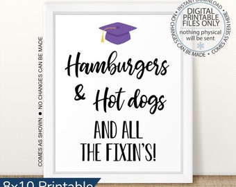 Hamburguesas y perritos calientes para fiesta de graduación, Letrero de puertas abiertas, Fiesta de graduación, Todos los acompañamientos, Letrero de hamburguesa, Letrero de perrito caliente, Comida de graduación