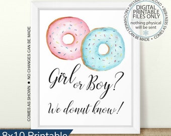 Afdrukbare donut geslacht onthullen teken, meisje of jongen teken, jongen of meisje teken, we donut weten teken, geslacht onthullen teken, donut baby shower