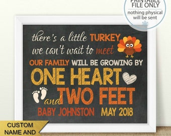 PRINTABLE Fall Pregnancy, Thanksgiving Pregnancy Announcement, Little Turkey, Growing By One Heart And Two Feet, Chalkboard Sign, Expecting