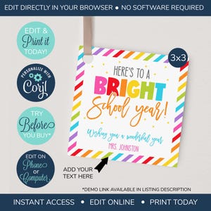 EDITABLE Back to School Teacher Gift Tag, Bright School Year Tag, First Day of School Tag template, Highlighter Teacher tag, PTO PTA tag