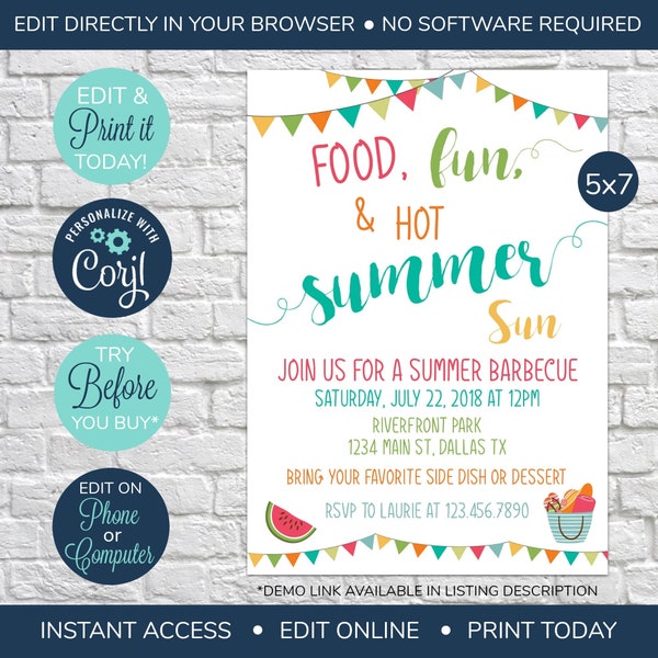 EDITABLE Summer Barbecue Invitation, Summer Family Reunion Invitation, Barbecue Invitation, Family Party, Summer Party, Picnic, Summer BBQ