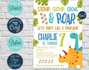 EDITIERBARE Dinosaurier-Geburtstags-Einladung, Einladung zur Geburtstagsfeier, Dinosaurier-Geburtstag, Dinosaurier-Party, Jungen-Geburtstag, Geburtstag einladen