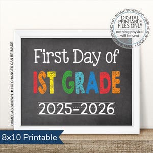 Primer día de primer grado imprimible 2025-2026, primer día de clases, foto del primer día, letrero de pizarra con foto del primer día, letrero escolar