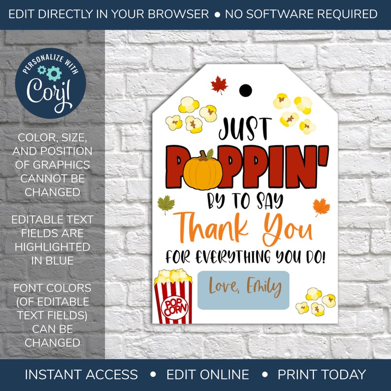 EDITABLE Popcorn Appreciation Gift Tag, Teacher Staff Employee School ...