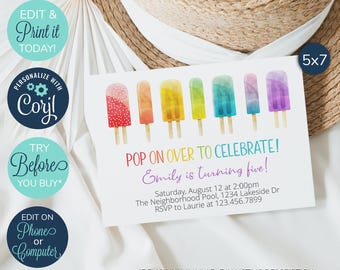 Invitaciones de cumpleaños de paletas editables, invitación para fiesta de cumpleaños, invitación para celebrar, invitación para fiesta de verano, fiesta de paletas