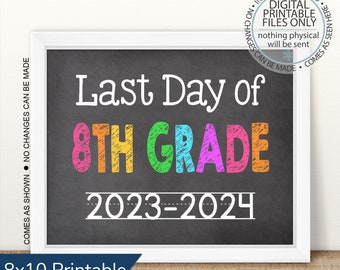 Laatste dag van de achtste klas 2023-2024, laatste schooldag afdrukbaar, laatste dag foto, laatste dag foto prop, schoolbord teken, laatste dag teken