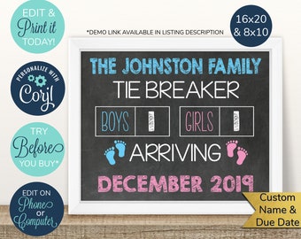 May include: A chalkboard style gender reveal sign with the text "The Johnston Family Tie Breaker" and two boxes labeled "Boys" and "Girls". The sign also includes the text "Arriving December 2019".