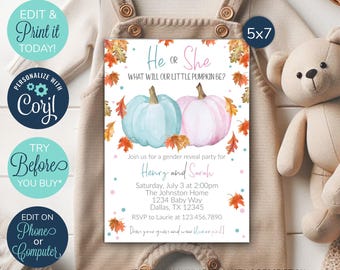 BEWERKBARE Pumpkin Gender Reveal-uitnodiging, hij of zij Gender Reveal Party, Little Pumpkin, Fall Gender Reveal, roze of blauwe babyshower