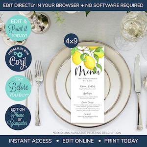 EDITABLE Lemon Menu Card Template, Shower Menu Card, Menu Template, Wedding Menu Cards, Dinner Menu Template Card, Lemon Bridal Shower