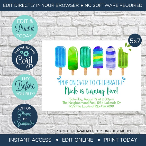 EDITABLE Popsicle Birthday Invites, Birthday party invitation, Pop on Over to Celebrate invitation, Summer party invitation, Popsicle Party