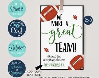 Etiqueta de agradecimiento de fútbol editable, regalo de agradecimiento al entrenador, etiqueta de agradecimiento, equipo de fútbol, formamos un gran equipo, etiqueta de entrenador de fin de temporada