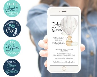 EDITABLE Electronic Baby Shower Invitation, Balloon Baby Shower Invite, Gender Neutral Invitation, Balloon Invitation, Neutral Baby Shower