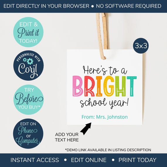 EDITABLE Back to School Teacher Gift Tag, Bright School Year Tag, First Day of School Tag template, Highlighter Teacher tag, PTO PTA tag