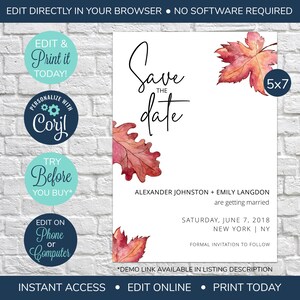 BEWERKBARE Fall Save the Date ansichtkaart, bewaar de datumkaart, bewaar de datum, modern bewaar de datum, huwelijksuitnodiging, bewaar de datumsjabloon