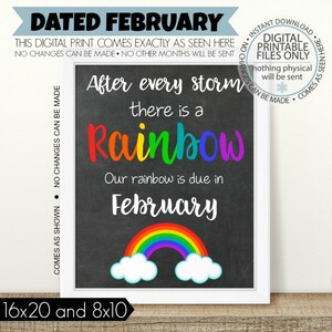 Annuncio di gravidanza arcobaleno STAMPABILE, Dopo ogni tempesta, Segno di gravidanza del bambino arcobaleno, Segno di lavagna, Rivelazione di gravidanza, Febbraio