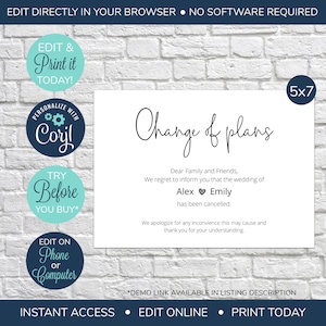 EDITABLE Anuncio de Boda Cancelada, Cambio de Planes, Cambio de Evento, Boda Aplazada, Cambio de Plan, Cambio de Fecha de Boda, Cancelación