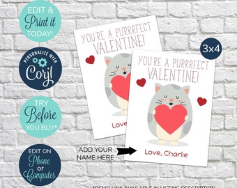 EDITABLE Classroom Valentine's Day Cards, Purrfect Valentine, Cat Valentine Card, Kitty valentine, Kids Valentine's Day Card, Purr-fect