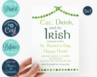 EDITABLE St Patrick's Party Invitation, Saint Patrick's, Irish Party, St Patricks dinner, Printable Party Invitation, St Patricks Day Party