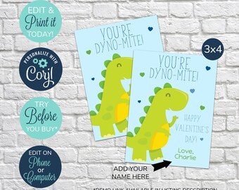 May include: Two light blue Valentine's Day cards with a green dinosaur illustration and the text "YOU'RE DYNO-MITE!". One card says "Happy Valentine's Day!" and "Love, Charlie". The cards are 3x4 inches.