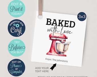 Peut inclure: Une étiquette carrée blanche avec les mots "BAKED with Love" et une illustration de batteur sur socle rouge. L'étiquette comprend le texte "From: The Johnstons" et des instructions pour ajouter du texte. Le texte supplémentaire comprend "Edit & Print it TODAY!"