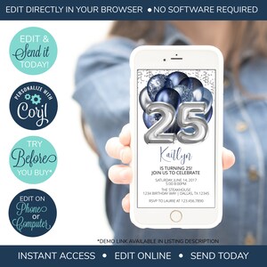 EDITABLE Electronic 25th Birthday Invitation, Adult Birthday Party Invitation, Surprise Birthday Invitation, Navy Invitation, Adult Party