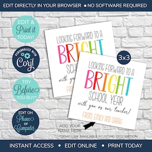 EDITABLE Back to School - Our Teacher - Gift Tag, Bright School Year Tag, First Day of School Tag template, Highlighter Teacher tag, PTO PTA