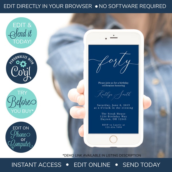 EDITABLE Electronic 40th Birthday Invitation, Adult Birthday Party Invitation, Modern Invitation, Simple Invite, Navy Birthday Invitation