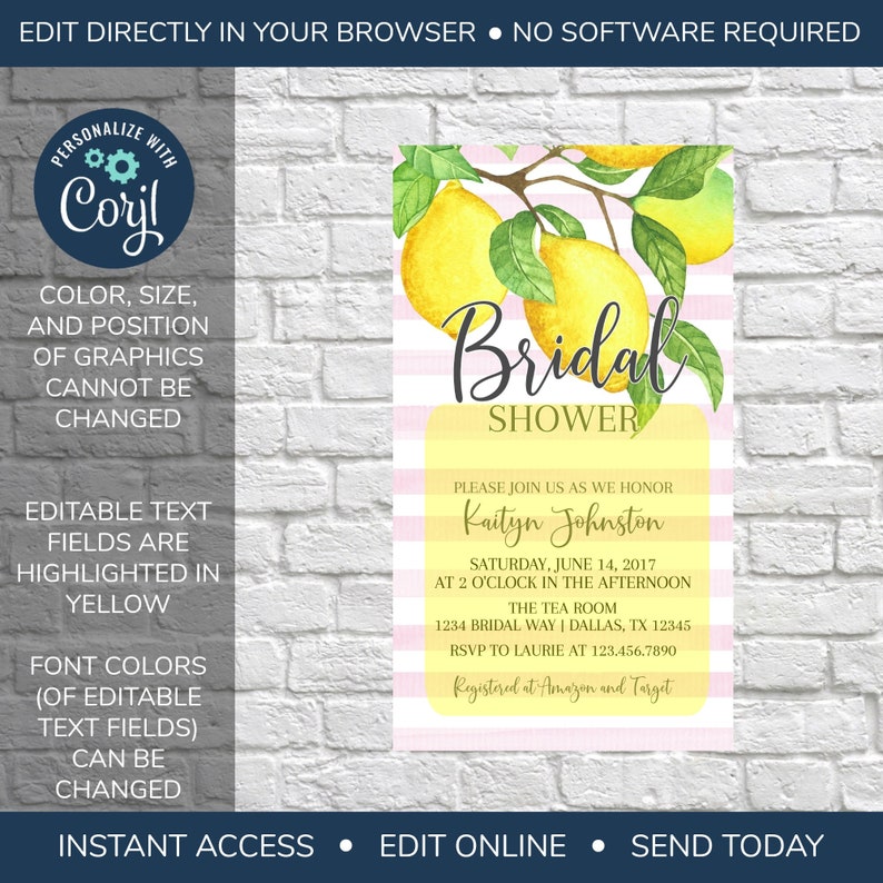 EDITABLE Electronic Lemon Bridal Shower Invitation Summer Etsy