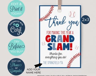 EDITABLE Baseball Appreciation Tag, Coach Appreciation Gift, Appreciation Tag, Baseball Team, Thank You Grand Slam, End of Year Teacher Tag