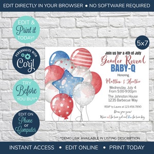 EDITABLE 4th of July Gender Reveal Invitation, He or She Gender Reveal Party, Gender Reveal Baby Q, Red White and Blue, Baby Shower Reveal