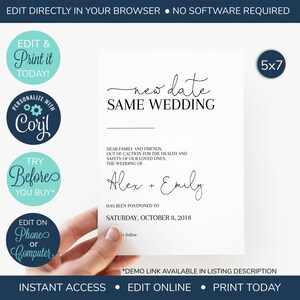 EDITABLE Postponed Wedding Announcement, Change of Plans, Event Change, Save the New Date, save the date template, Wedding Date Change
