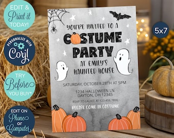 May include: A printable 5x7 inch Halloween costume party invitation with a gray background. The invitation features a black and white illustration of a ghost, a bat, and a spider web. The text reads "You're invited to a Costume Party at Emily's Haunted House".