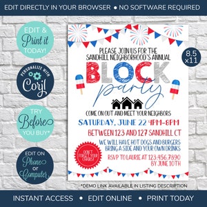 MODIFIABLE 4 juillet Invitation à une fête de quartier, Faire-part de quartier portes ouvertes, Flyer à une fête de quartier, Invitation d'été