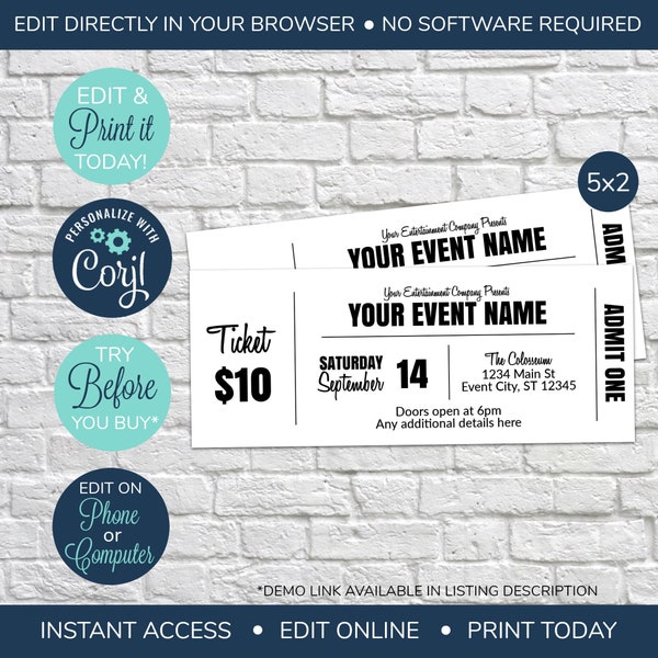 EDITABLE Event Ticket, Printable Event Tickets, Event Ticket Template, Printable Event Fake Pass, Gift Ticket, Ticket Template, DIY Ticket