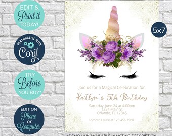 EDITABLE Unicorn Birthday Invitation, Unicorn Face Invitation, Unicorn Party Invitation, Purple, Glitter, Girl Birthday, Magical Birthday